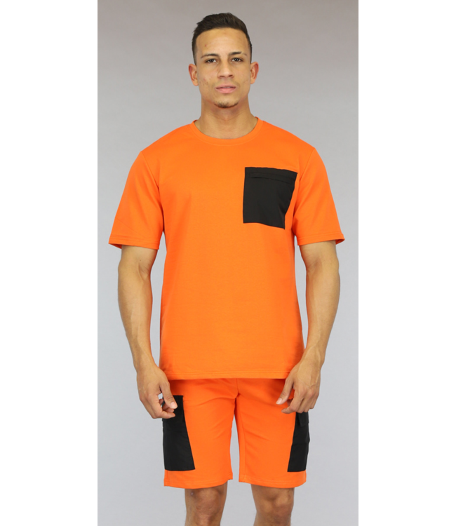 Oranje Heren Short Set met Zwarte Zakken