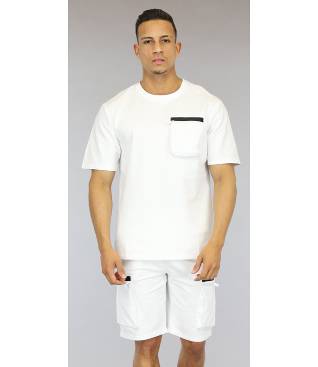 Witte Loose Fit Heren Short Set met Zakken