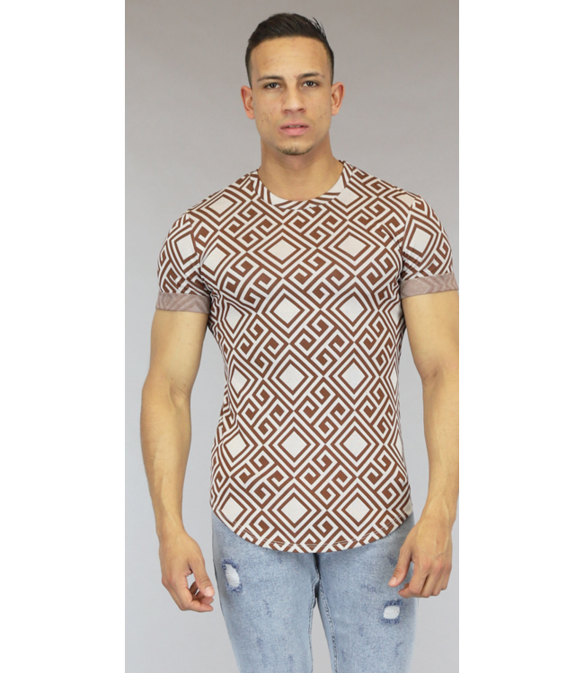 Bruin/Wit Heren T-Shirt met Print