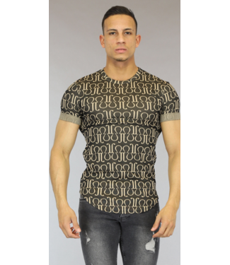 Zwart Heren T-Shirt met Beige Print