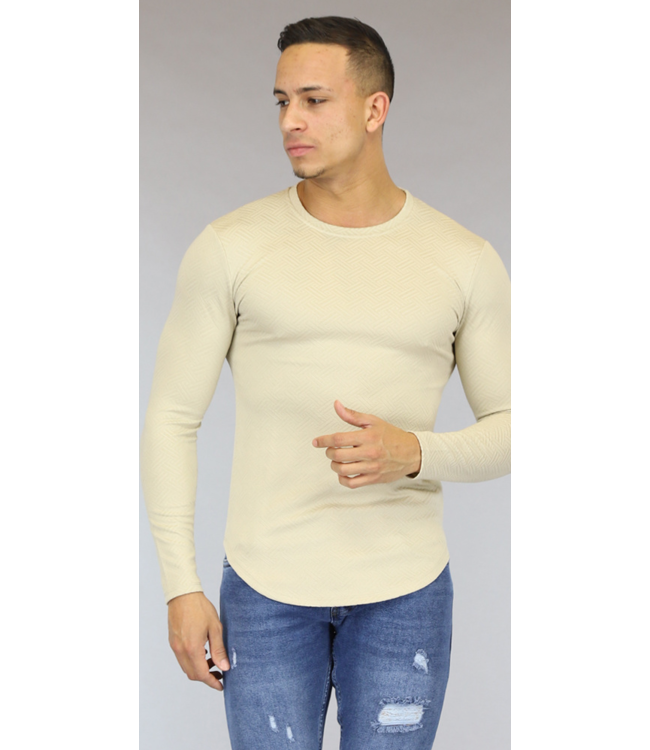 !OP=OP Beige Longsleeve Heren Shirt met Visgraat Print