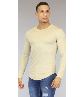 Beige Longsleeve Heren Shirt met Print Opdruk