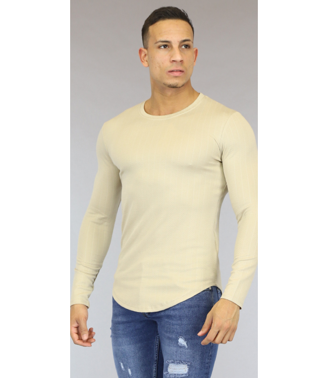 Beige Longsleeve Heren Shirt met Print Opdruk