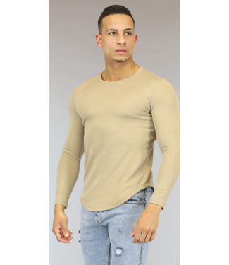 Camel Aansluitend Heren Shirt met Lange Mouwen