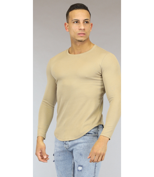 Camel Aansluitend Heren Shirt met Lange Mouwen