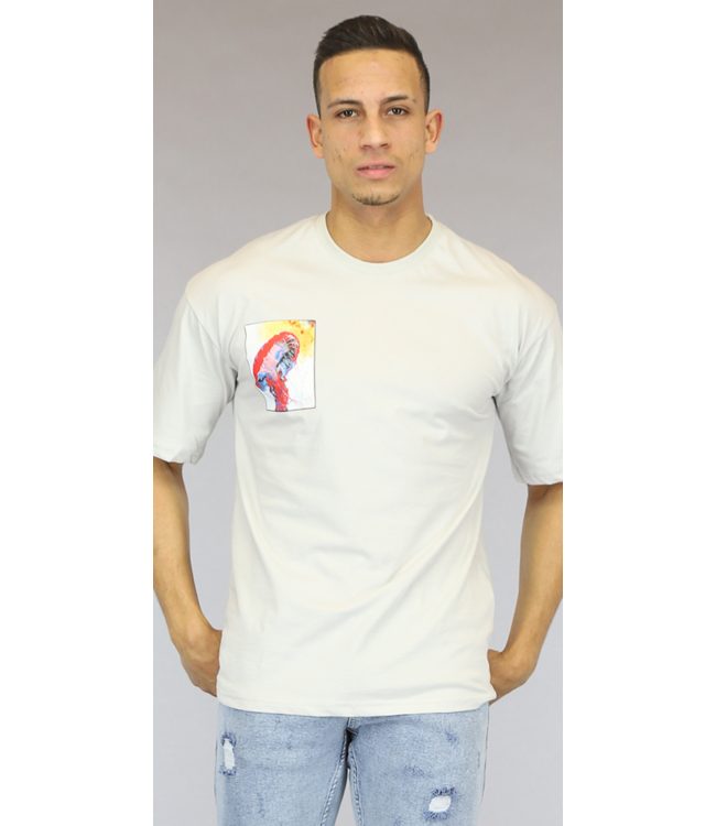 Lichtgrijs Oversized Bedrukt Heren T-Shirt