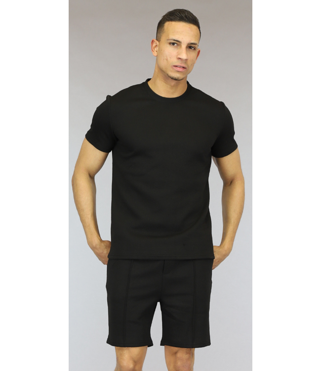 Zwarte Heren Short Set met Reliëf en Bies