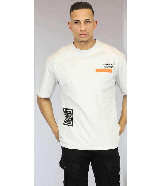 Lichtgrijs Oversized Heren T-Shirt met Teksten