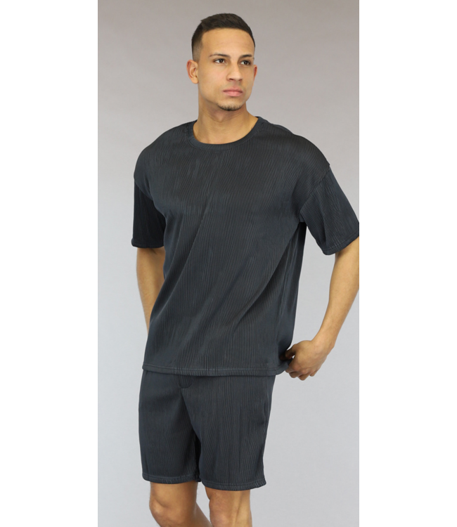 Donkerblauw Oversized Heren Ribbel Short Set