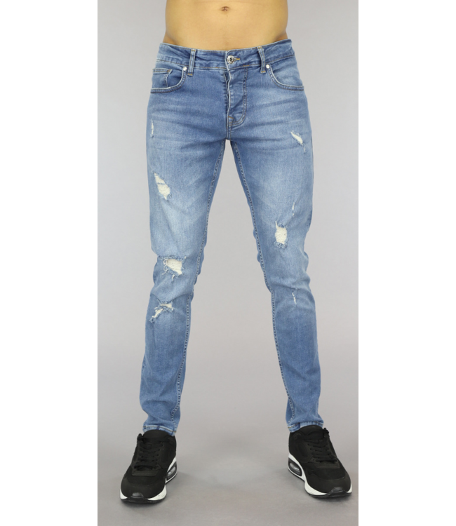 Lichtblauwe Slim Fit Heren Jeans met Gaten