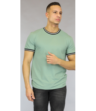 Mintgroen Heren T-Shirt met Gestreepte Boorden