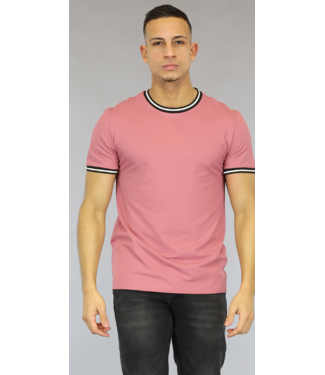 Roze Heren T-Shirt met Gestreepte Boorden