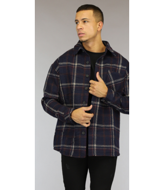 Navy Tweed Heren Overshirt met Gestikt Ruitpatroon