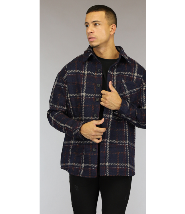 Navy Tweed Heren Overshirt met Gestikt Ruitpatroon