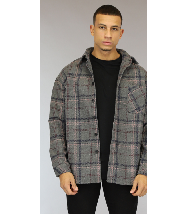 Grijs Tweed Heren Overshirt met Gestikt Ruitpatroon