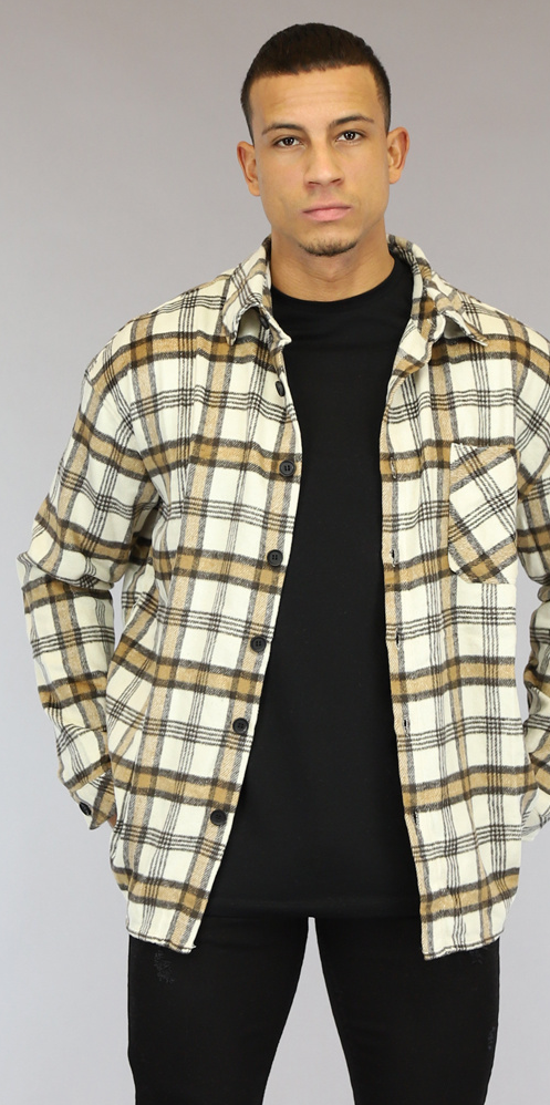 Ecru Flanellen Heren Blok Overshirt