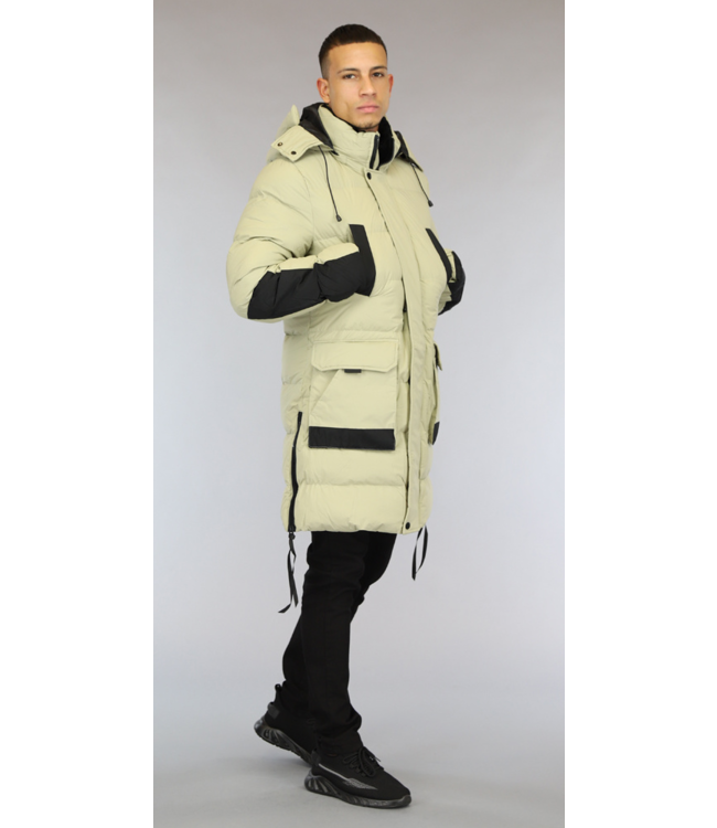 Lange Beige Gewatteerde Heren Winterjas