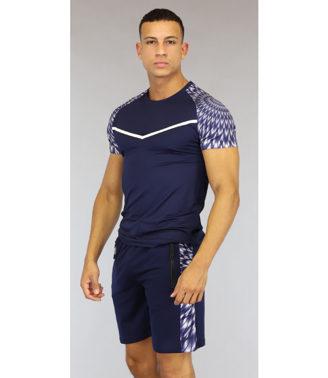Blauw Heren Trainingstenue met Grijze Print