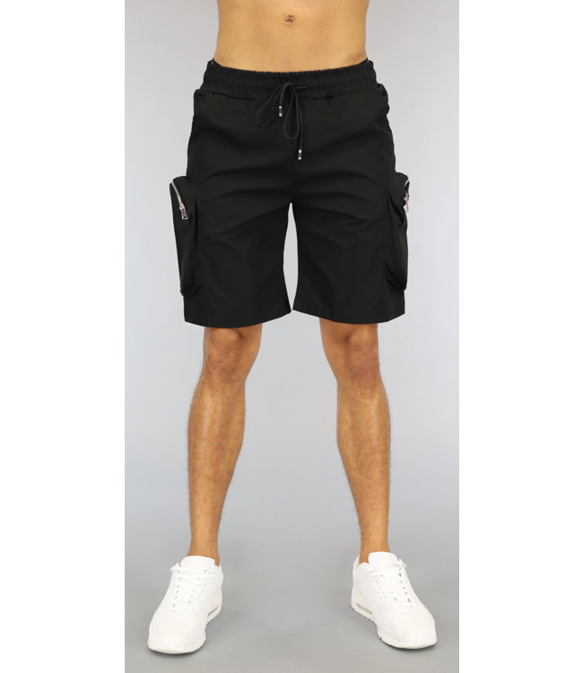 !SALE50 Zwarte Heren Cargo Short met Grote Zakken