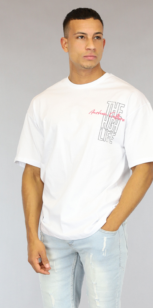 Wit High Life Heren T-Shirt met Rug Bedrukking