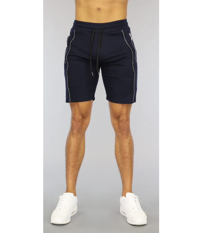 Donkerblauwe Heren Jogger Short met Zilveren Ritsen