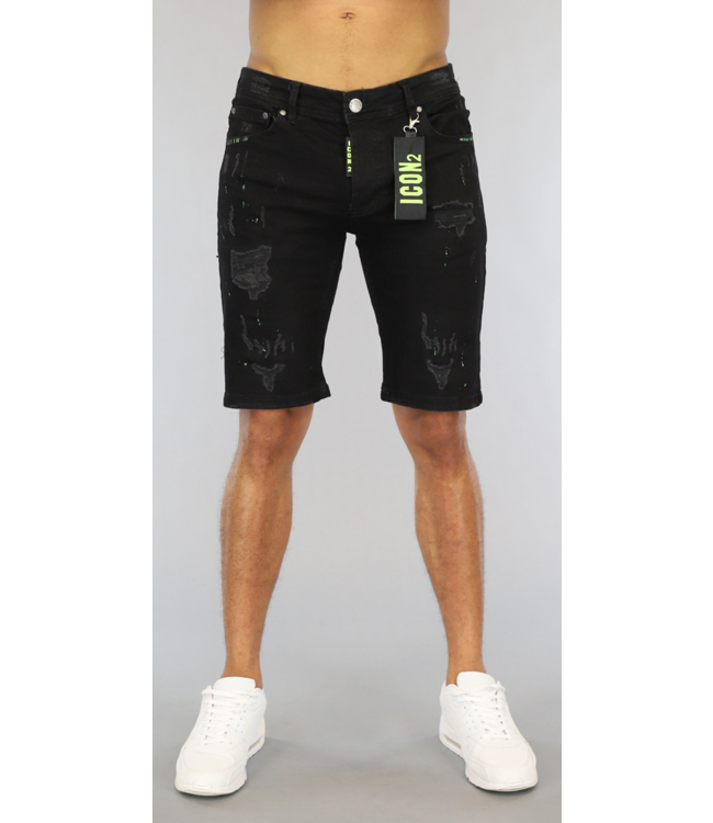Zwarte Ripped Heren Jeans Short met Groene Details
