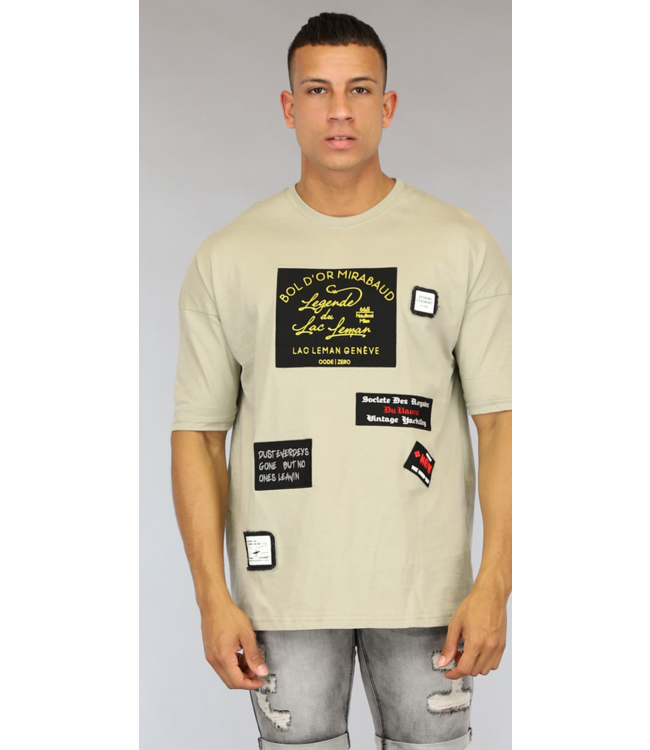 Kaki Oversized Heren Shirt met Emblemen