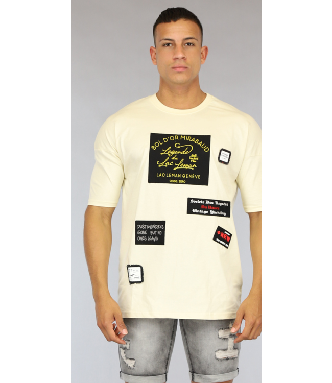 Ecru Oversized Heren Shirt met Emblemen