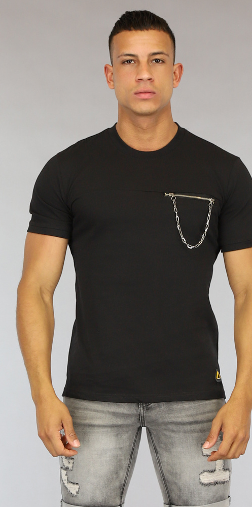 Zwart Heren T Shirt met Borstzakje Black Leo