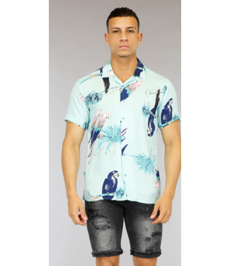 Lichtblauwe Heren Blouse met Papegaaien