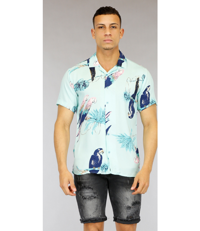 Lichtblauwe Heren Blouse met Papegaaien