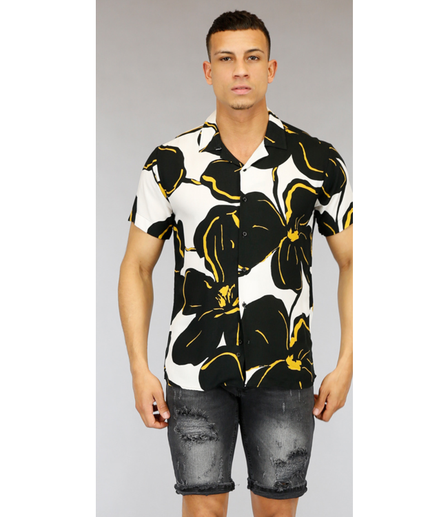 Witte Heren Blouse met Zwarte Bloemen
