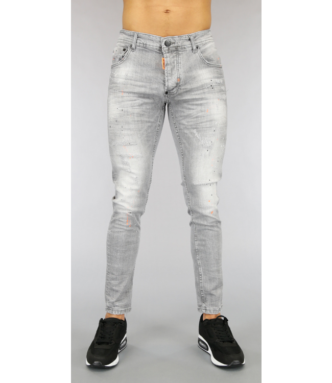 !OP=OP Grijze Heren Jeans met Oranje Details en Verfspatten