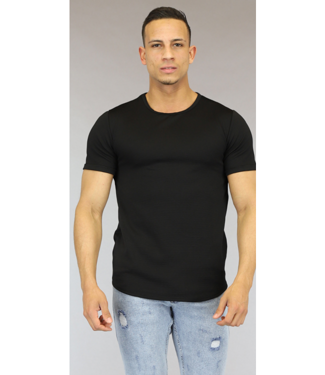 Zwart Heren T-Shirt met Streep Reliëf