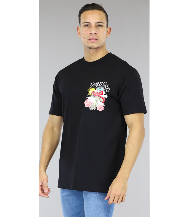 Zwart Oversized Heren T-Shirt met "Happy Mind" Opdruk