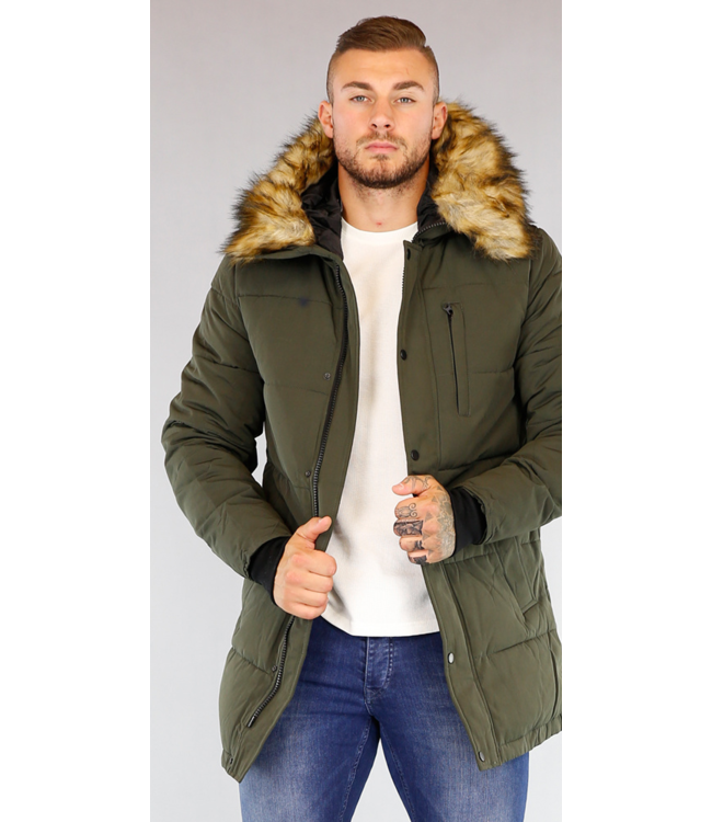 Kaki Heren Parka met Afneembaar Bont