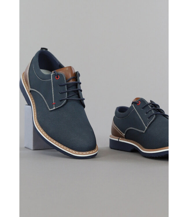 Donkerblauwe Heren Veterschoenen met Bruine Details
