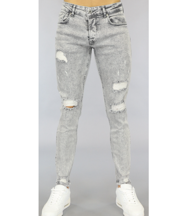 Grijze Heren Acid Washed Skinny Jeans met Scheuren
