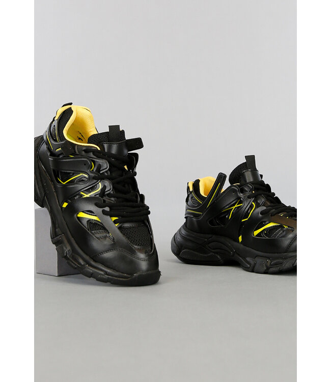 Zwart Gele Grove Heren Sneakers met Dubbele Veter Black Leo