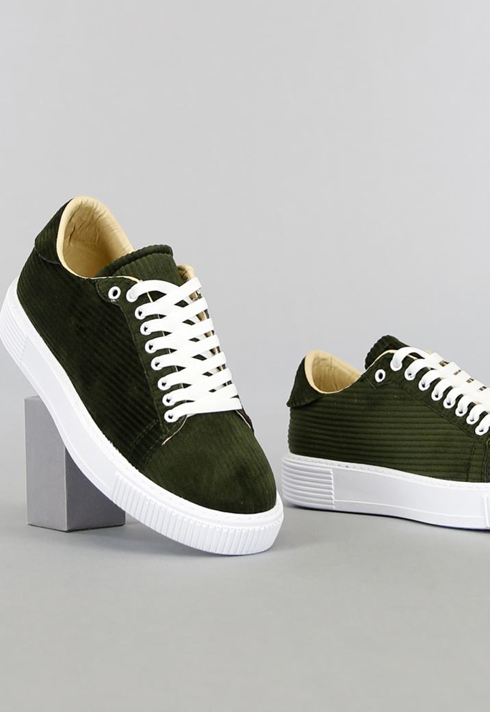 Olijfgroene Heren Ribstof Sneakers Black Leo