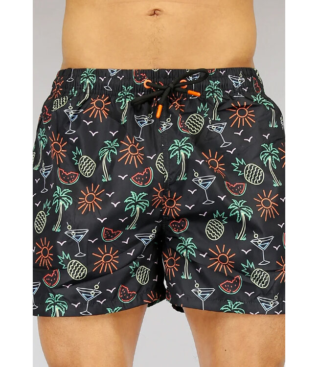 Korte Zwarte Heren Zwembroek met Neon print