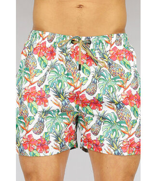 Korte Witte Heren Zwembroek met Tropical Print