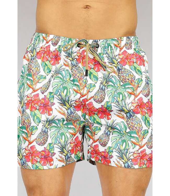 Korte Witte Heren Zwembroek met Tropical Print
