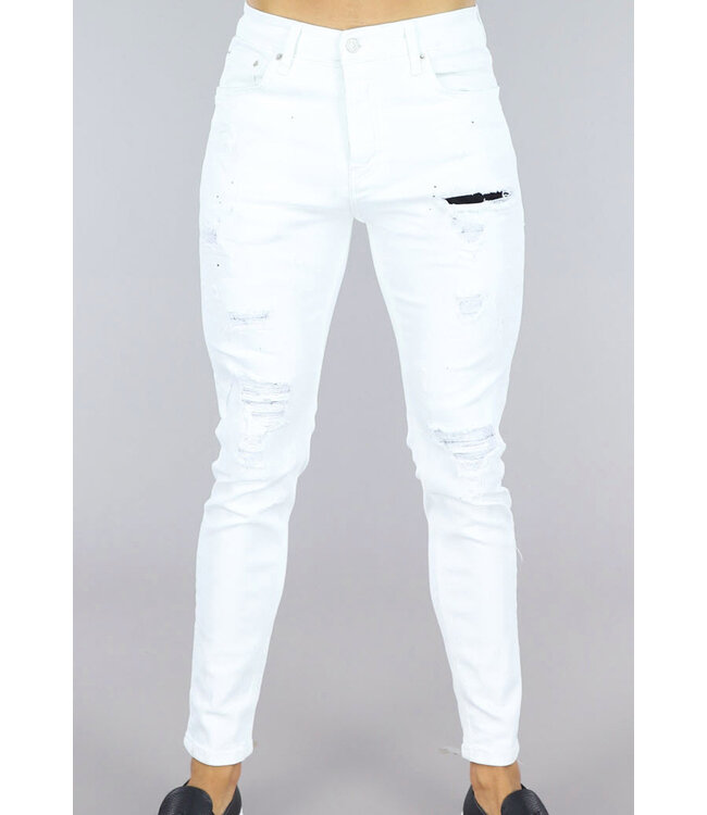 Witte Heren Jeans met Zwarte Verf Spatten