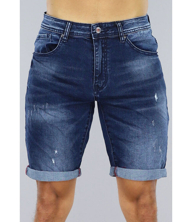 Donkerblauwe Heren Jeans Short met Kleine Gaten