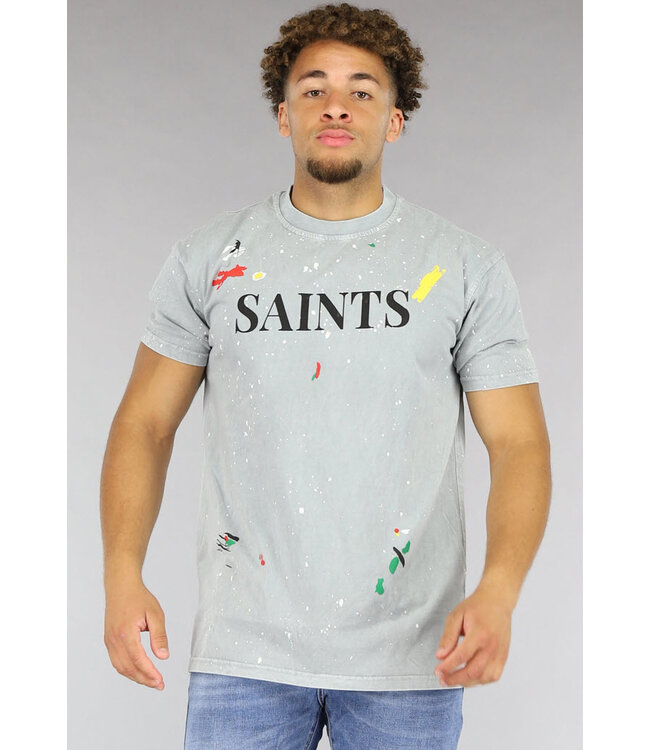 !OP=OP Lichtgrijs "Saints" Heren T-Shirt met Verfvlekken