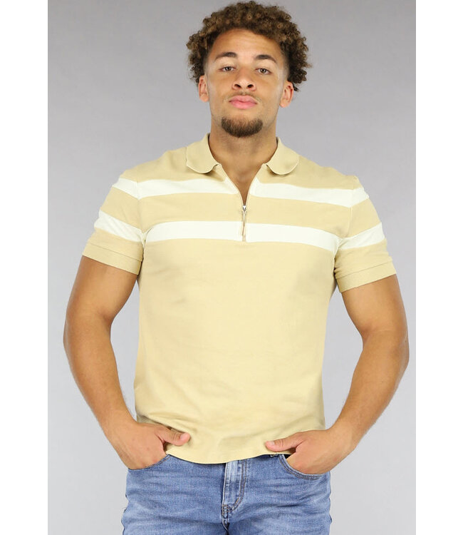 Beige Heren Polo met Witte Strepen