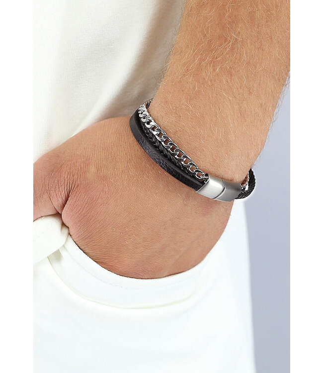 NEW1407 Zwarte Stainless Heren Armband met Zilveren Details