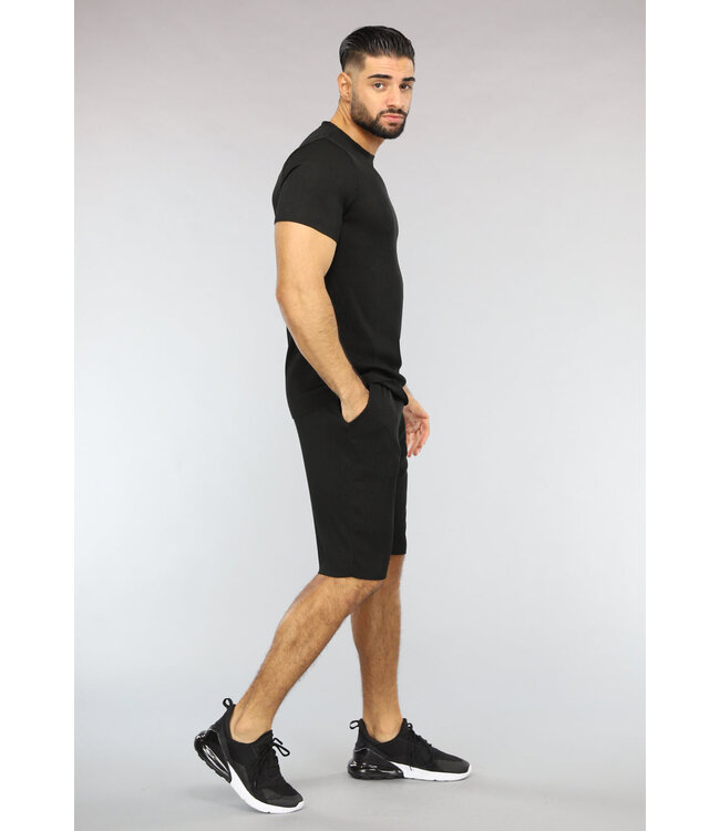 Zwart Gestreept Sport Setje met Korte Mouwen en Short