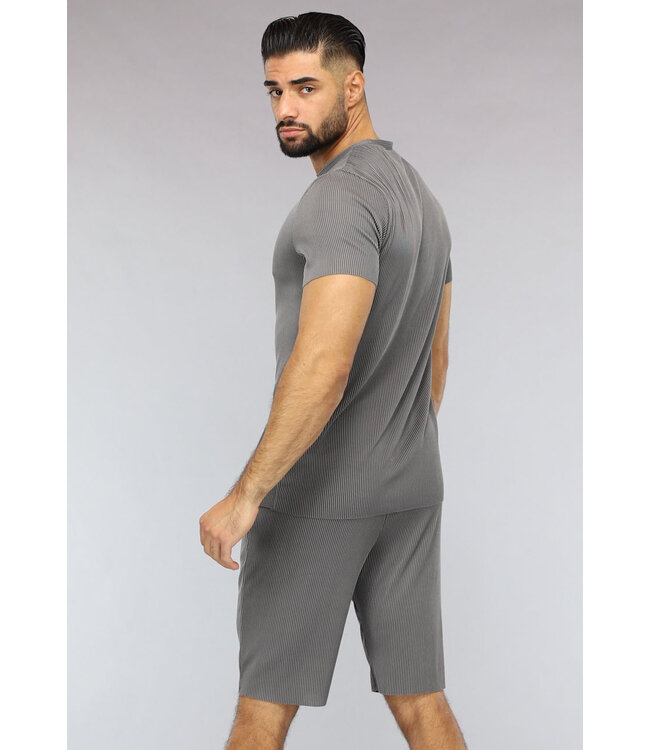 Antraciet Gestreept Sport Setje met Korte Mouwen en Short